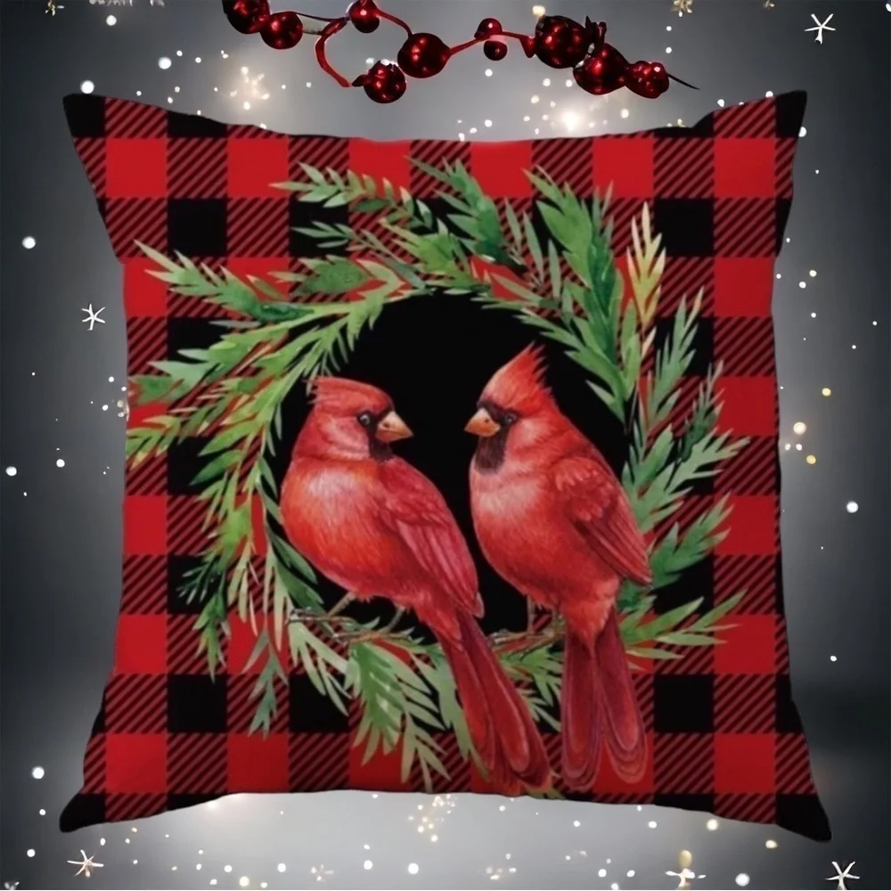 Pillow Cover Bird Cardinal Christmas Holiday Buffalo Check Plaid Square 17.5 in